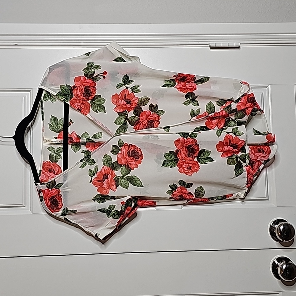 Elegant Red Rose Patterned White Semi-sheer Blouse